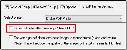 Launch Adobe after creating a Drake PDF checkbox